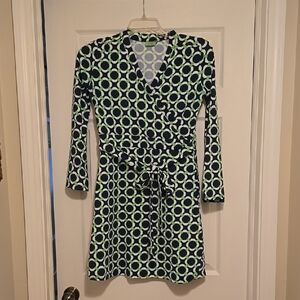 Navy and Green Patterned Wrap Dress